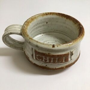 Handmade Studio Pottery Chili Bowl Handle Natural Speckled Glaze Rustic Cabin